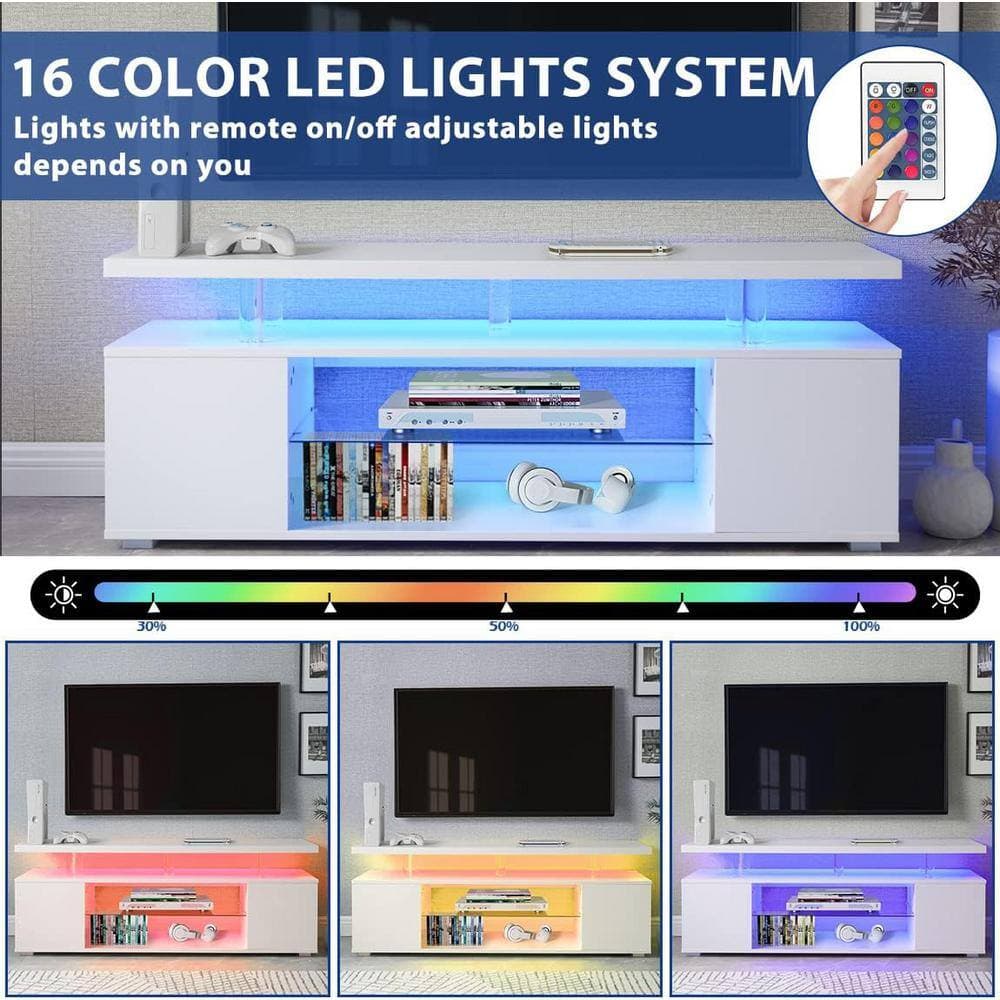 Unbranded 63 in. W x 16 in. D x 21 in. H White Linen Cabinet with TV LED Stand and Large Sliding Drawer and Side Cabinet (3)