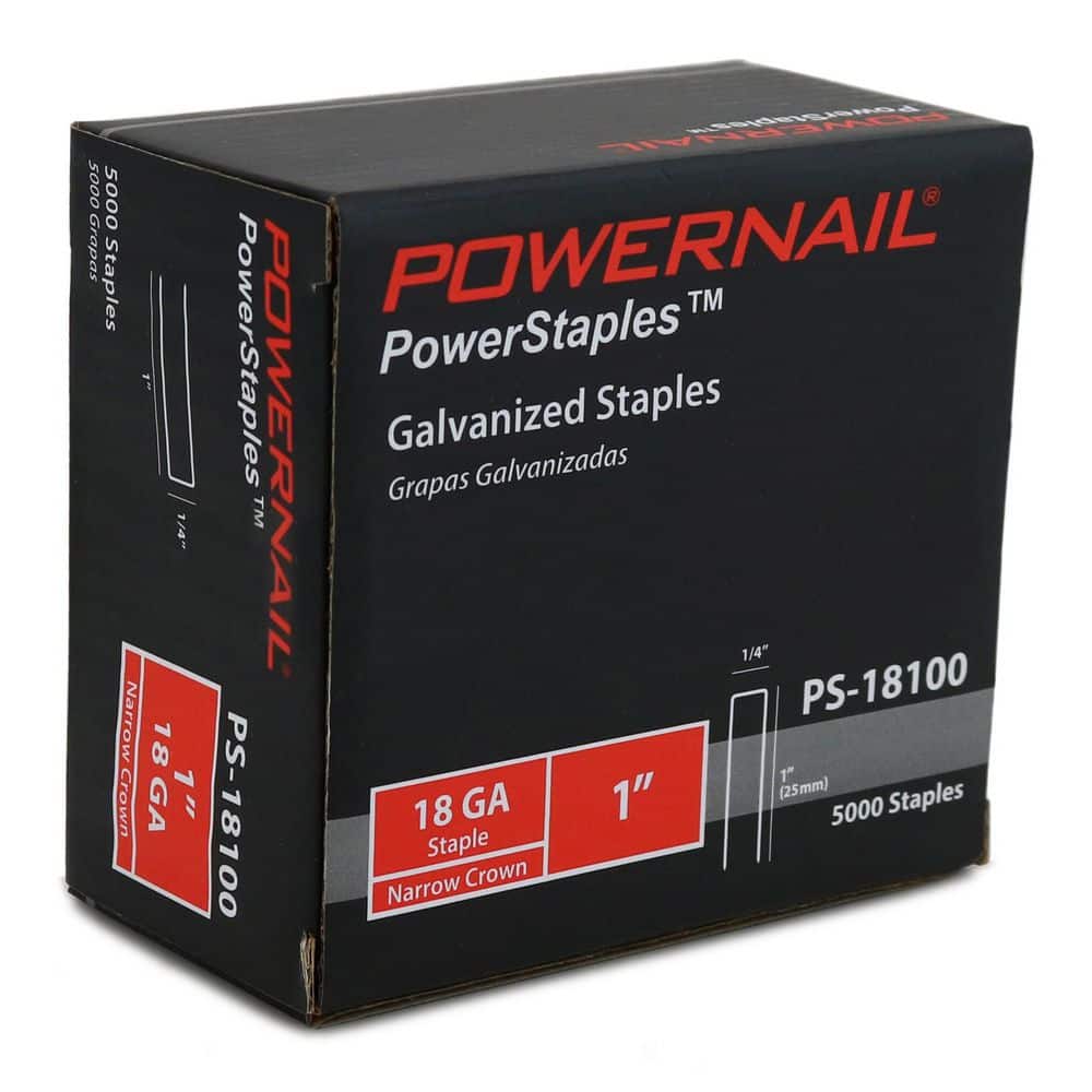 POWERNAIL 1 in. x 1/4 in. Crown x 18-Gauge Glue Collated Narrow Crown Staples for Woodwork and Flooring (5000 per Box) (2)