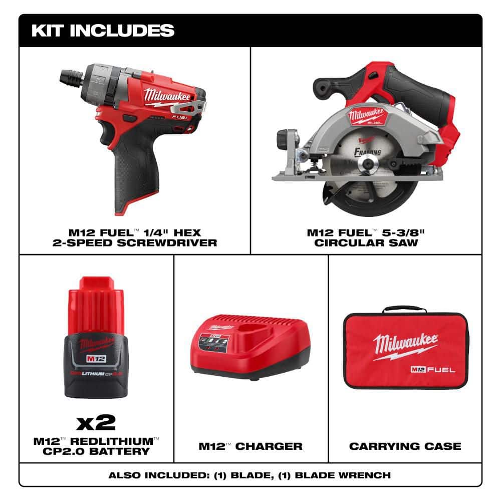 Milwaukee M12 FUEL 12V Lithium-Ion Brushless Cordless 1/4 in. Hex 2-Speed Screwdriver Kit W/(2) 2.0h Batteries, Bag,& Circular Saw (2)