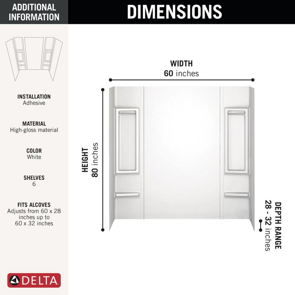 Delta Galiant 60 in. W x 80 in. H Five Piece Glue Up Composite Bathtub or Shower Surrounds in High Gloss White (3)