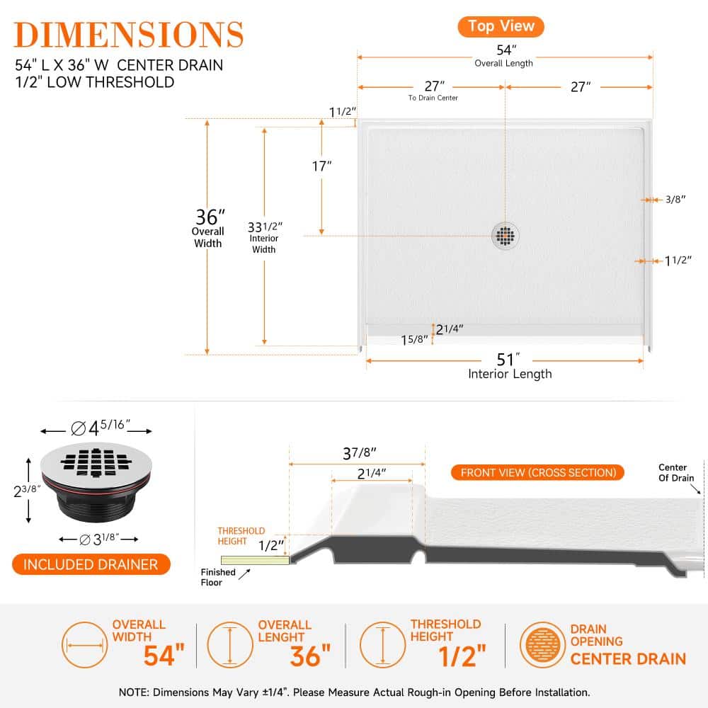 CRENRIDGE AVORA 54 in. L x 36 in. W Barrier Free Alcove Shower Pan Base with Center Drain in White Low Threshold  Weelchair Access (2)