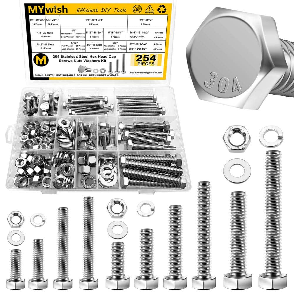 MYWISH 254-Piece SAE 304-Stainless Steel Nut, Bolt and Washer Assortment Kit Set Screws with Reusable Storage Case