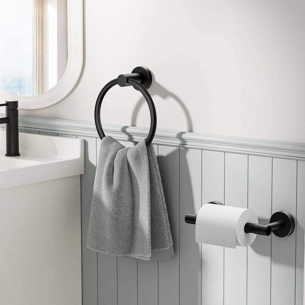 Lynzavix 2-Piece Toilet Paper Holder and Hand Towel Ring Set with Pivoting Double Post and Wall Mount Hardware in Matte Black (2)