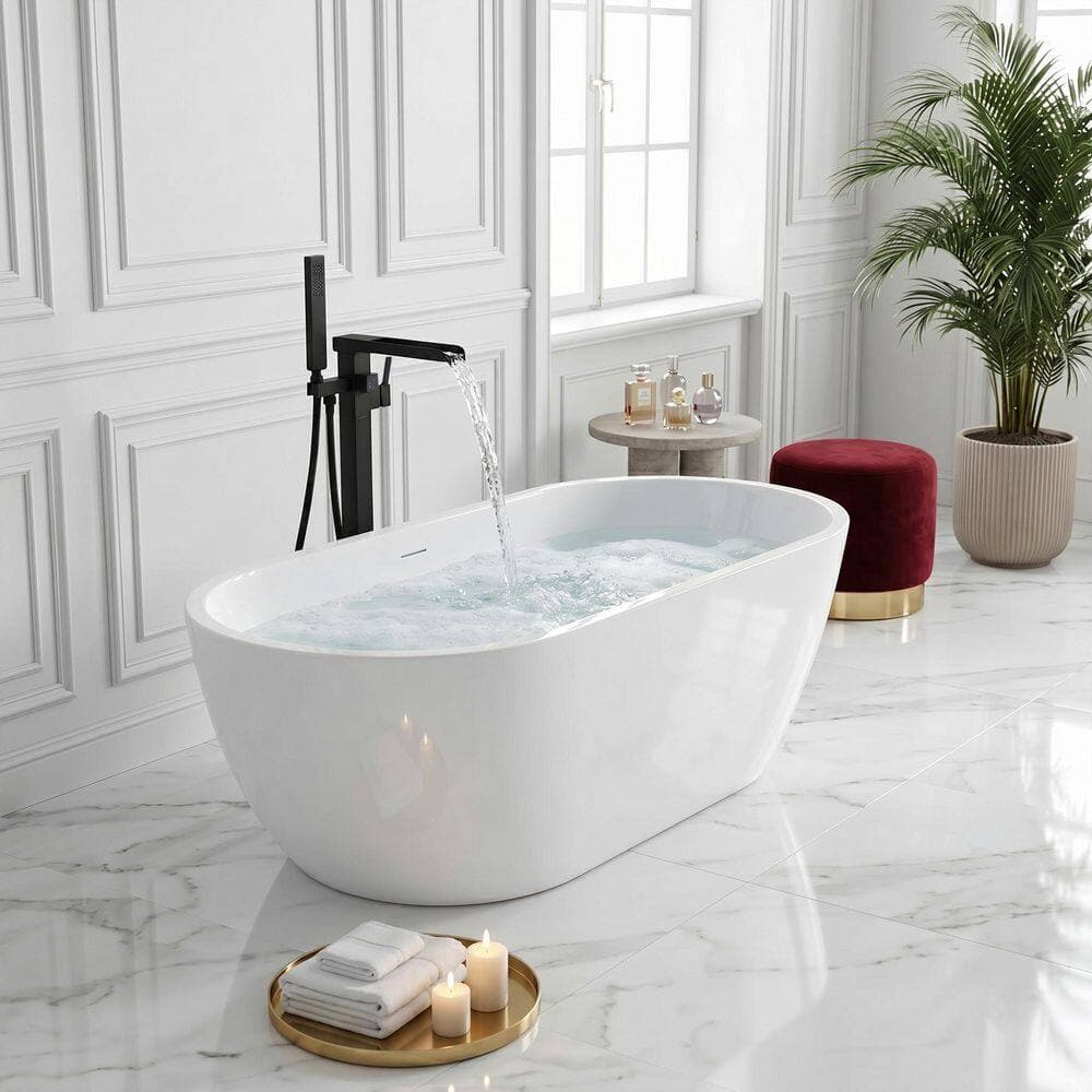 ANZZI Mone 67 in. x 29 in. Flat Bottom Freestanding Soaking Bathtub in White with 2-Handle Matte Black Freestanding Faucet (2)