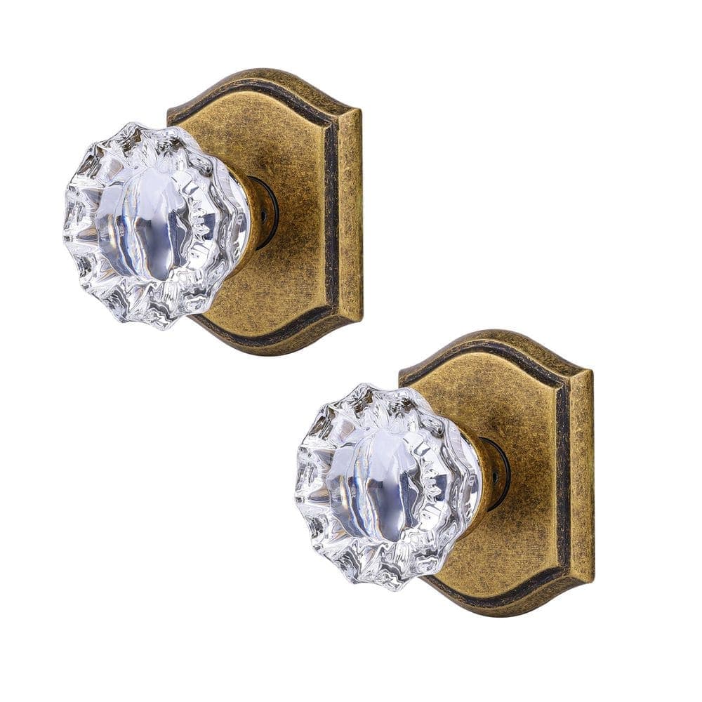 Senyhardware Vintage Brass Interior Dummy Door Knob 2 Pack with Floral Crystal Knob and Arch Backplate
