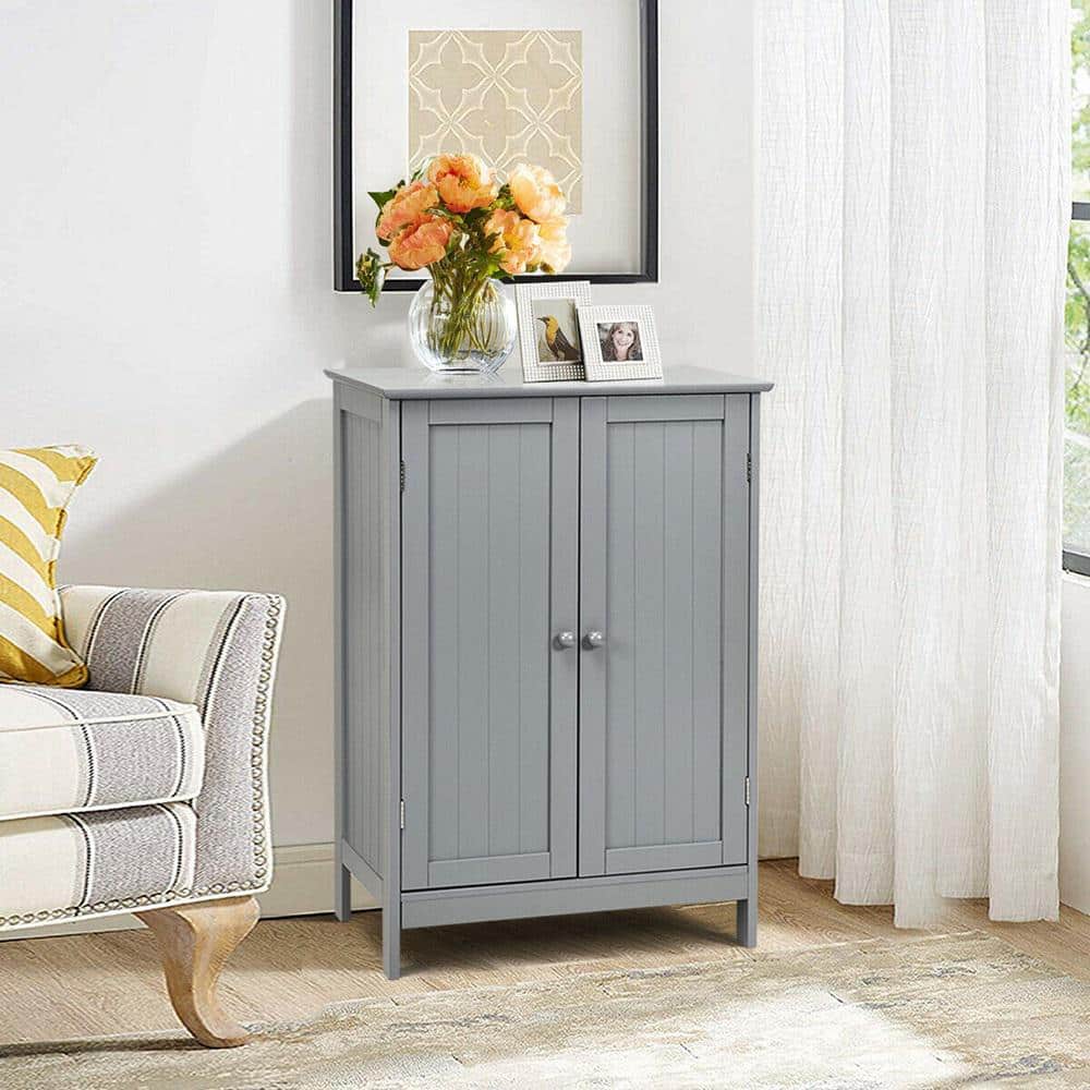 Gymax 23.5 in. W Bathroom Floor Cabinet Wooden Storage Linen Cabinet Living Room Modern Grey (2)