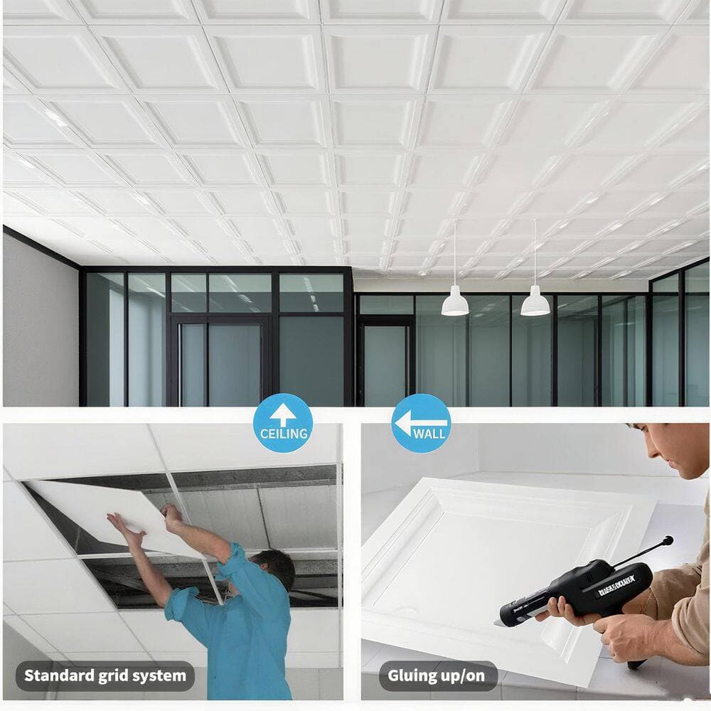 Pro Space 2 ft. x 2 ft. Lay-in Ceiling Tile Panel-PVC/Vinyl with Icon Relief, Gloss White Finish, Feather-Light(Case of 40) (3)
