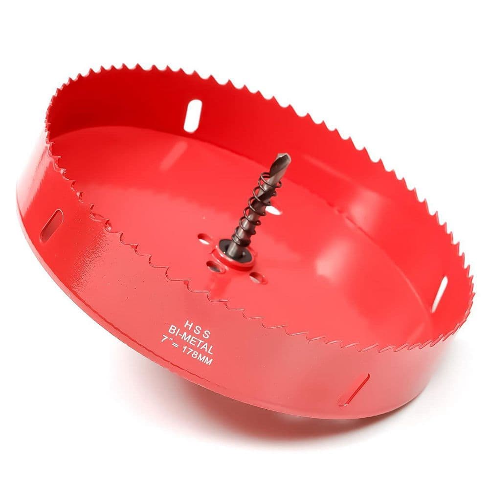 Unbranded 7 in. HSS Bi-Metal Hole Saw 32 mm Cutting Depth for Wood Plastic Drywall Plasterboard Soft Metal Sheet Red
