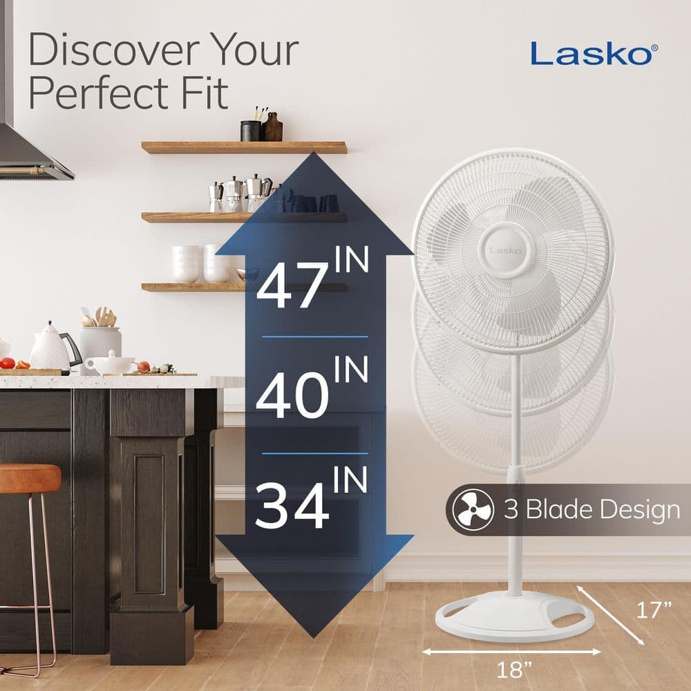Lasko 16 in. 3 Speed Oscillating Pedestal Fan for Home in White with Adjustable Height, Tillt Back Head and Easy Assembly (3)