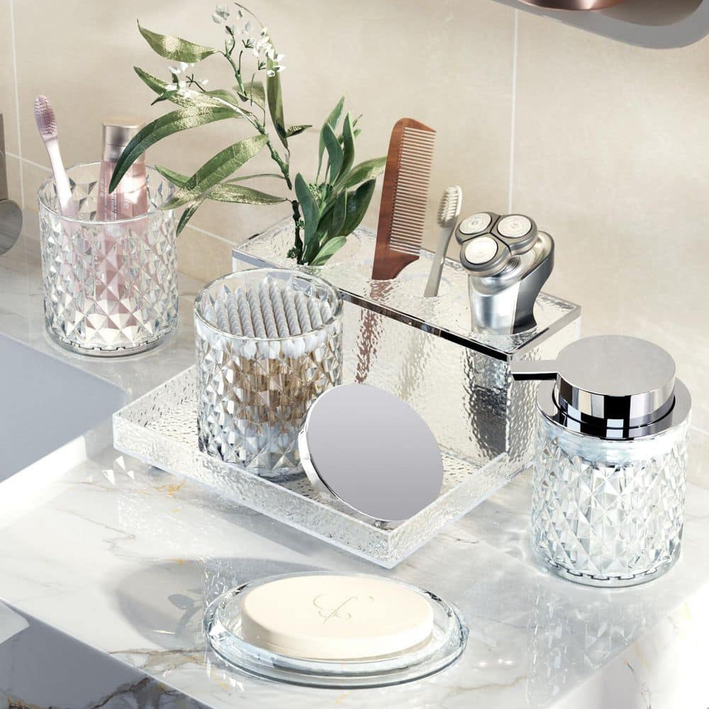 Wudkey 5-Piece Glass Bathroom Accessories Set in Clear, Foaming Soap Dispenser, Soap Dish, Cup and Toothbrush Holder (2)
