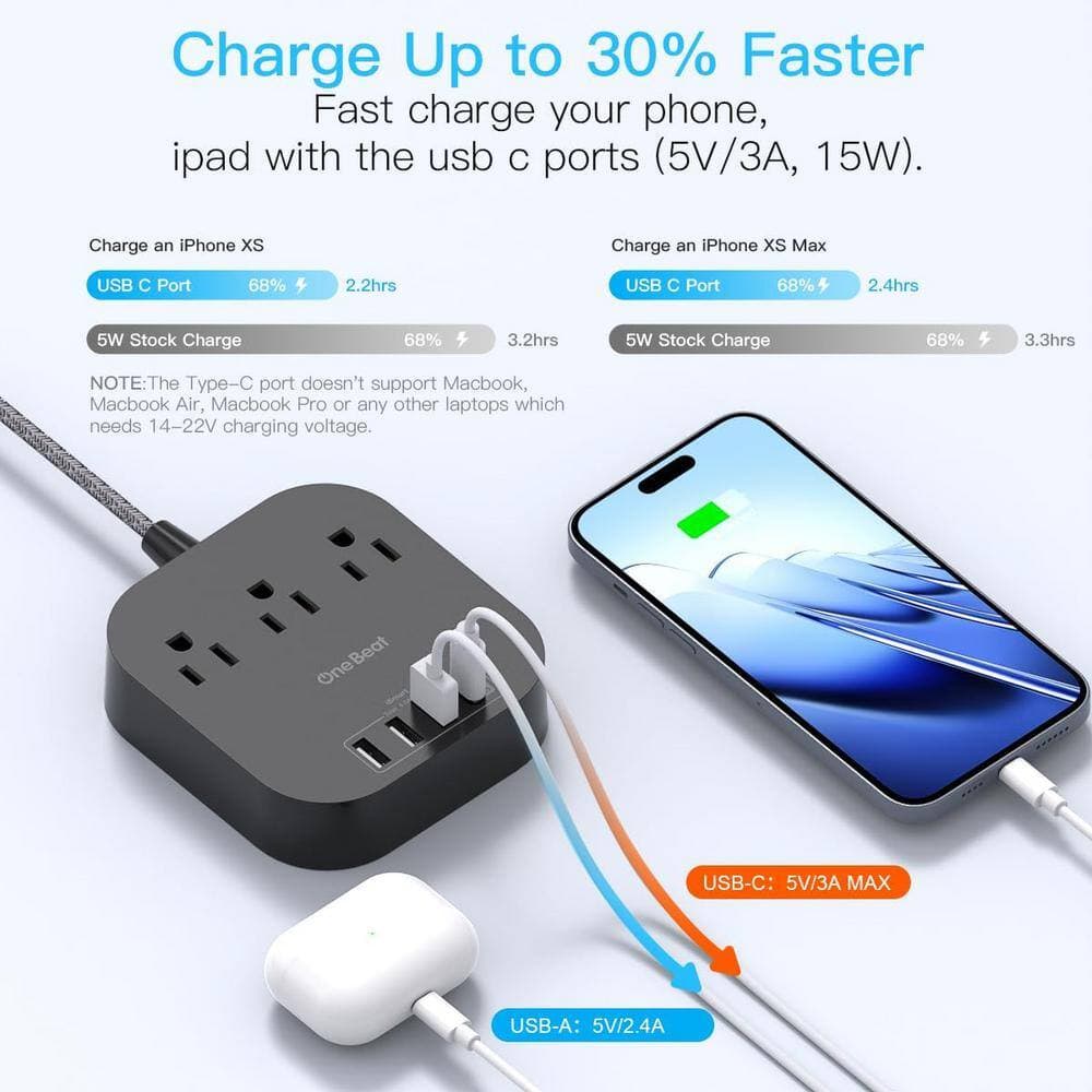 Lukyamzn 10 ft. Braided Cord Power Strip with Flat Plug, 3-Outlets 4-USB Ports (1 USB-C) Non Surge Protector for Travel in Black (3)