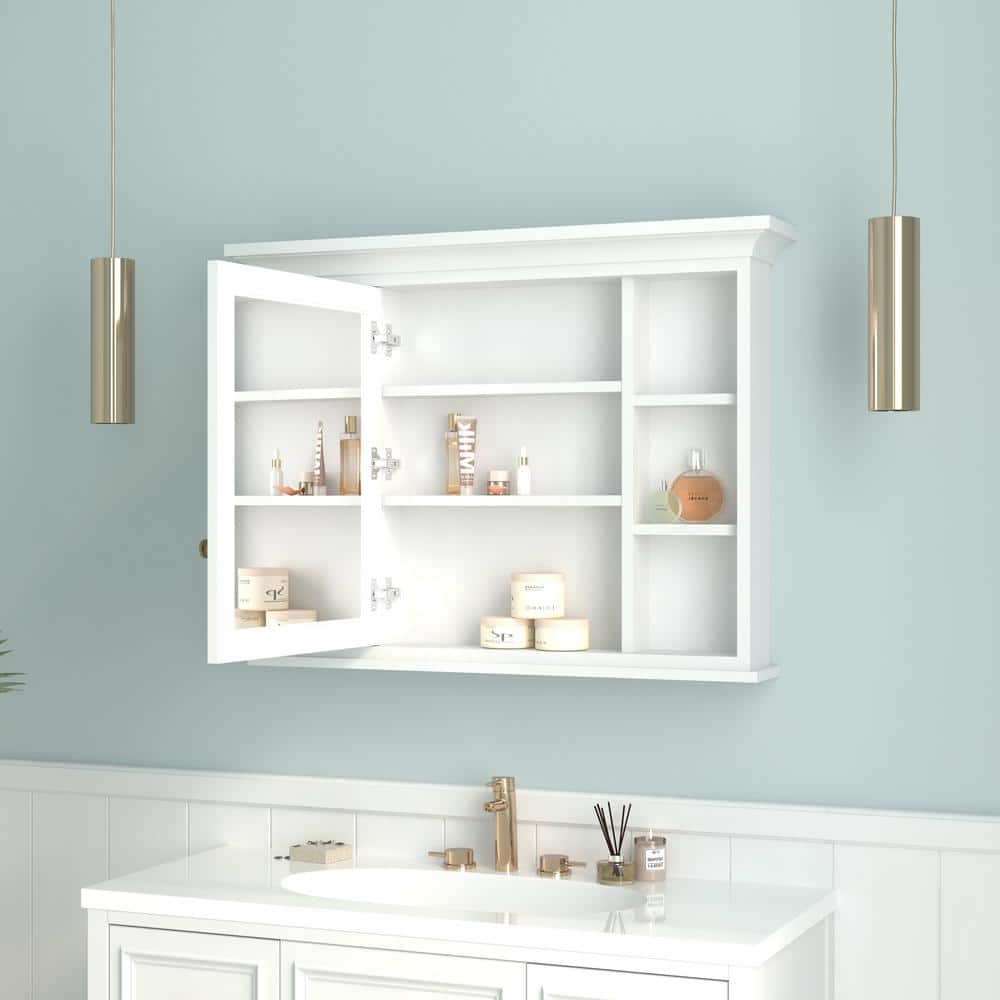 FORCLOVER 40 in. W x 30 in. H White Wood Surface Mount Bathroom Medicine Cabinet with Mirror and Shelves (Left Open) (2)
