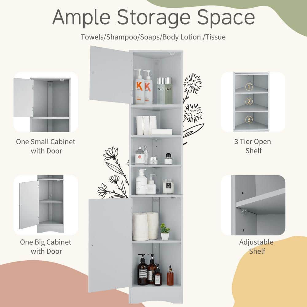 Sarlai 14 x 9 x 67 in. Grey Corner Cabinet Tall Bathroom Storage Cabinet with 2-Doors and Adjustable Shelves (2)