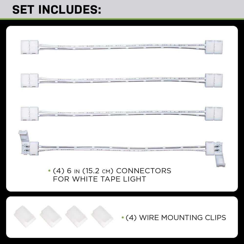 Commercial Electric 6 in. White Connector Cord LED Strip Light Connector Pack (4 x 6 in. Snap Connectors, 4 Wire Mounting Clips) (3)