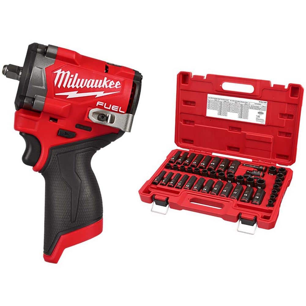 Milwaukee M12 FUEL 12V Li-Ion Brushless Cordless Stubby 3/8 in. Impact Wrench w/SHOCKWAVE 3/8 in. Drive Impact Socket Set (43-Pc)