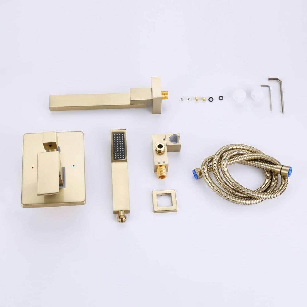 FLG Single-Handle Wall-Mount Roman Tub Faucet with Hand Shower Modern Brass Bathtub Filler with Valve in Brushed Gold (3)