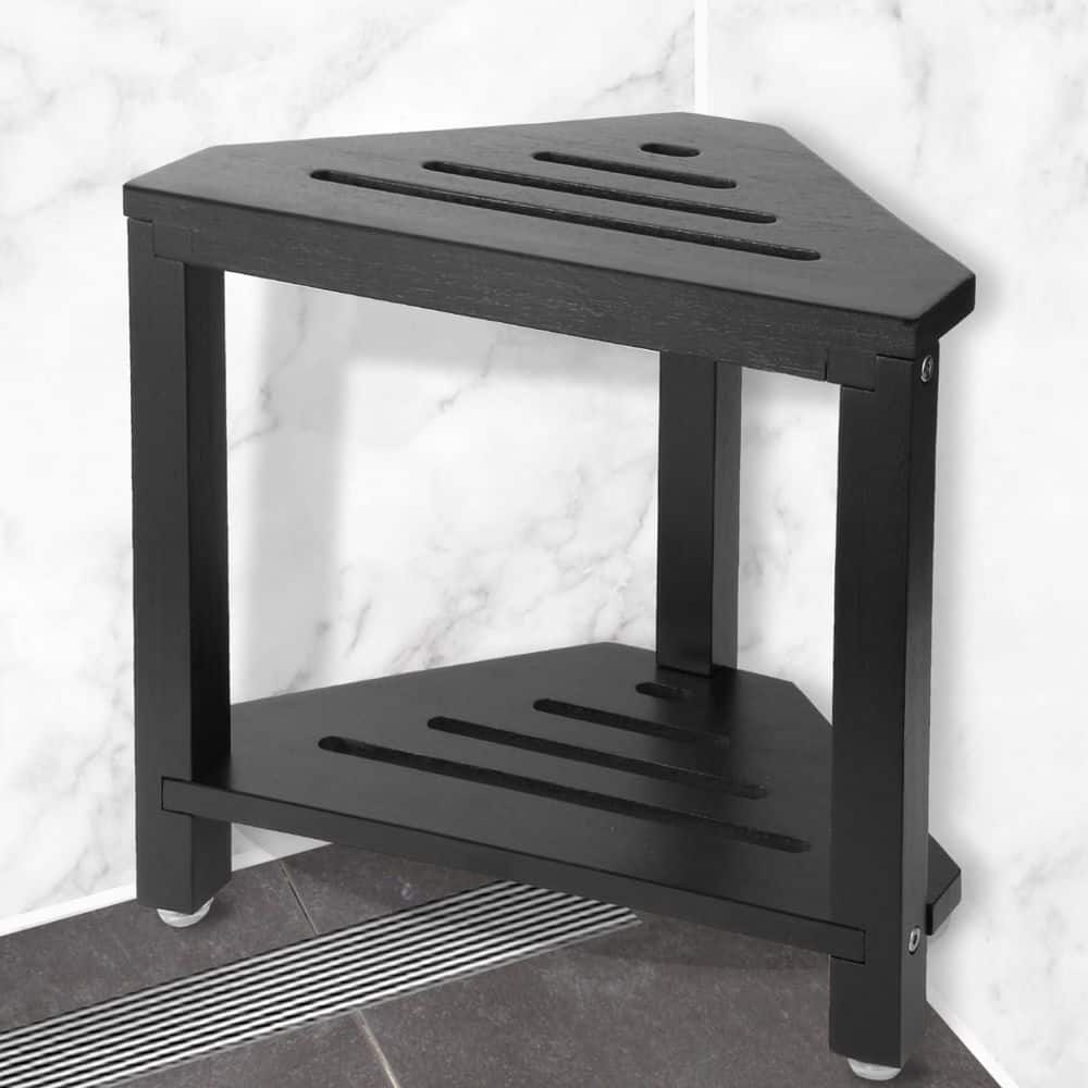 Wudkey Acacia Wood Corner Shower Stool with Storage Shelf in Black, Shelf Shower Foot Rest for Shaving Legs (1)