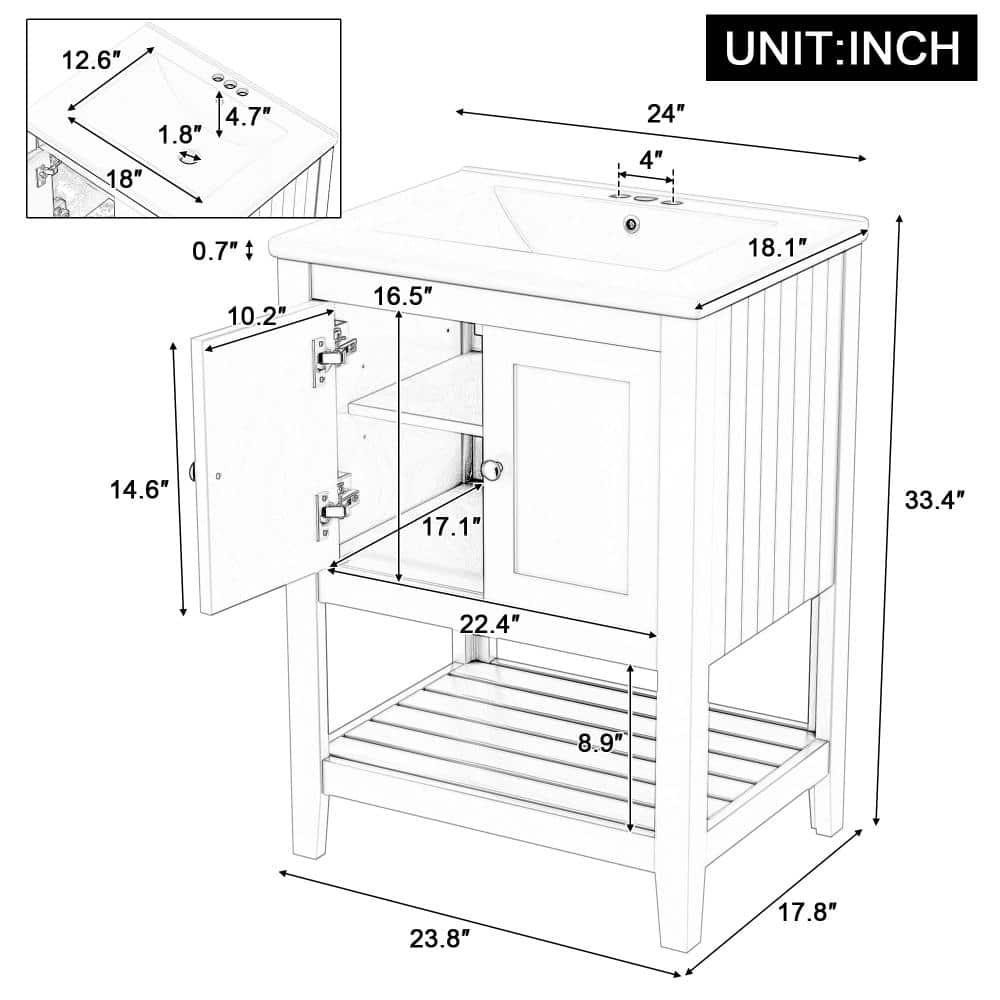 Flynama 24" Black Bath Vanity,Ceramic Sink,Solid Wood Frame,Open Bottom Storage Shelf (3)