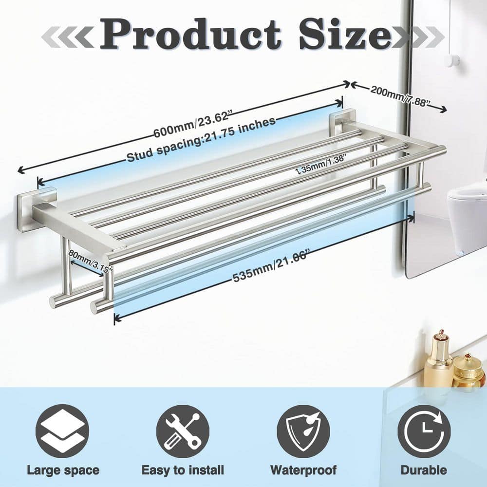 Wudkey 24 in. Stainless Steel Wall Mounted Double Towel Rack in Brushed Nickel, Bathroom Tower Holder, Towel Shelf (2)