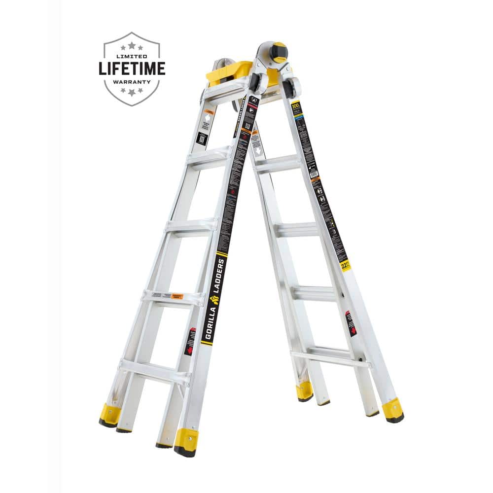 Gorilla Ladders Reach Aluminum Multi-Position Ladder w/ Project Bucket, Tool Hangers, 300 lbs. Load Capacity, Type 1A Duty Rating
