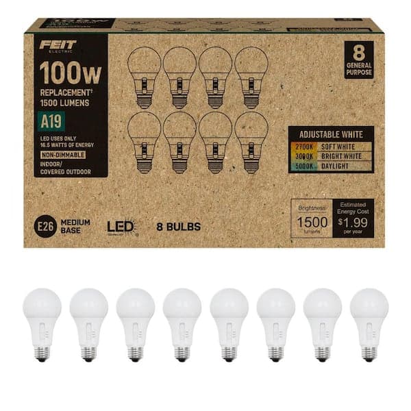 PRIVATE BRAND UNBRANDED 100-Watt Equivalent A19 A-Style Non-Dimmable CEC LED Light Bulb with Selectable Color Temperature (8-Pack)