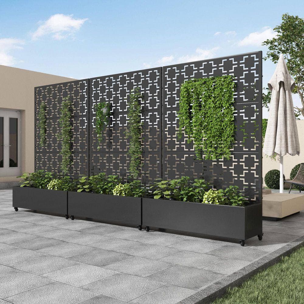 Lirago 72 in. x 47 in. Black Outdoor Metal Privacy Screen Raised Planter Box Wall Decor (2)