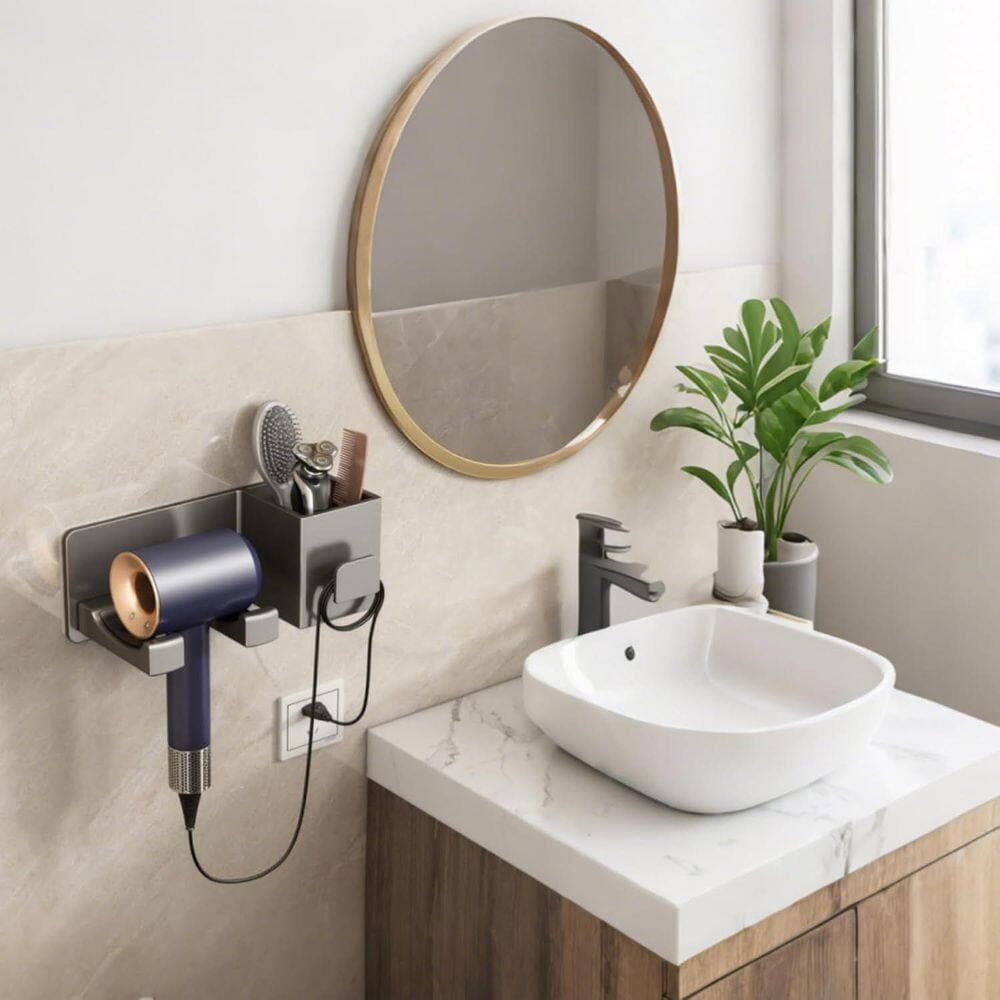 Tahanbath Wall Mounted Hair Dryer Holder, No Drilling Bathroom Hair Tool Organizer in Grey (3)