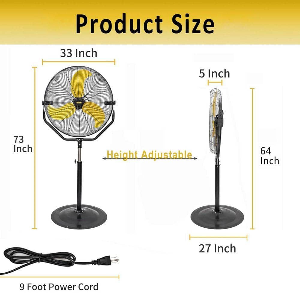 WOCK HICFM 30 in. Yellow Tilting Pedestal Fan, 3-Speed 7600 CFM High Velocity, 1/3 HP Motor for Commercial, Garage, UL Listed (3)