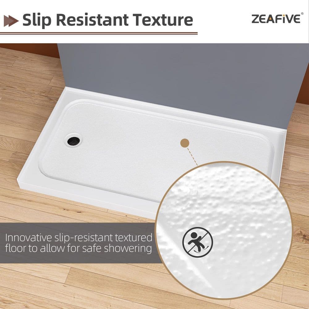 Zeafive Nsia 60 in. L x 32 in. W Alcove Single Threshold Shower Pan Base with Left Drain Hole in White Non-Slip Design (2)