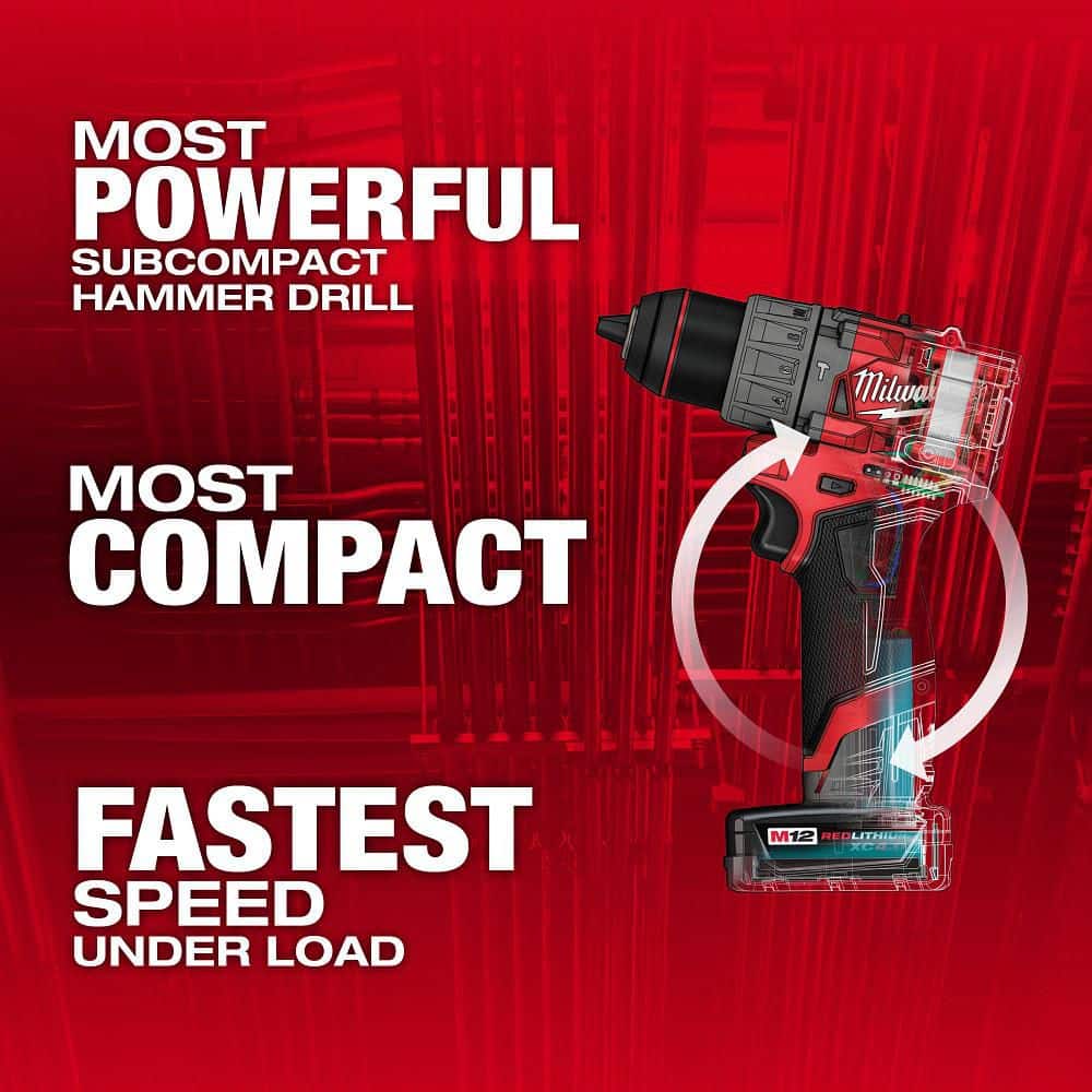 Milwaukee M12 FUEL 12V Lithium-Ion Brushless Cordless 1/2 in. Hammer Drill Kit with 4.0 Ah and 2.0 Ah Battery, Case, and Inflator (3)