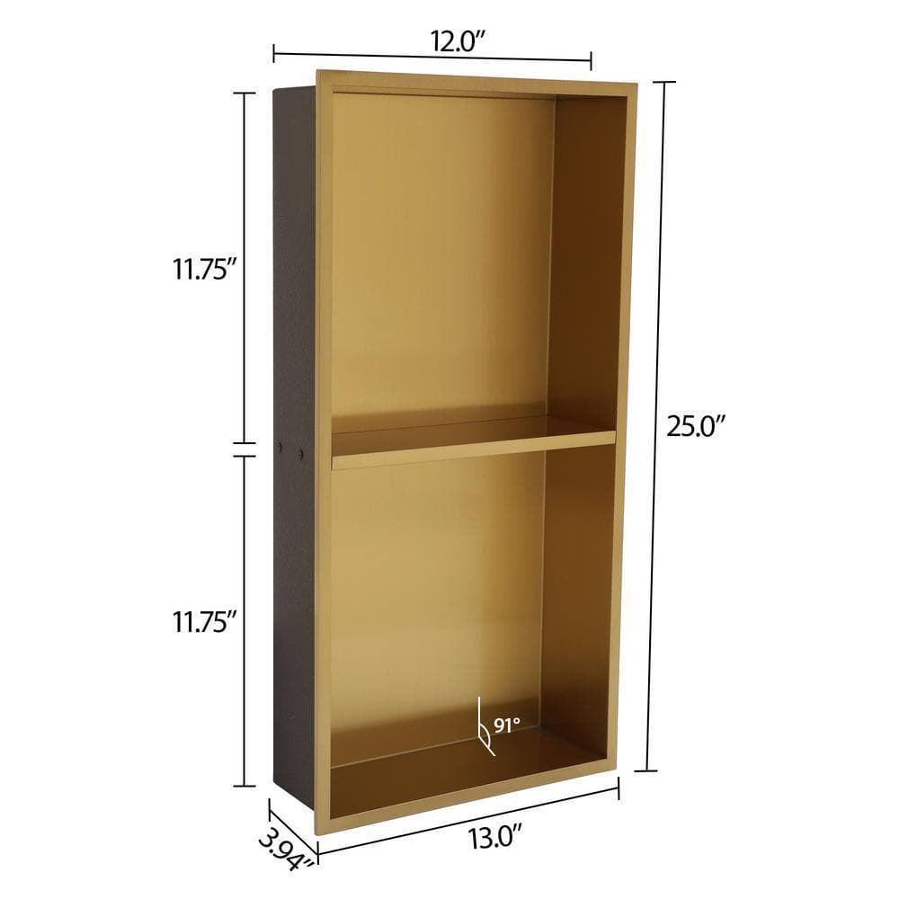 Logmey 13 in. W x 25 in. H x 4 in. D 18-Gauge Stainless Steel Double Shelf Bathroom Shower Niche in Matte Gold (2)