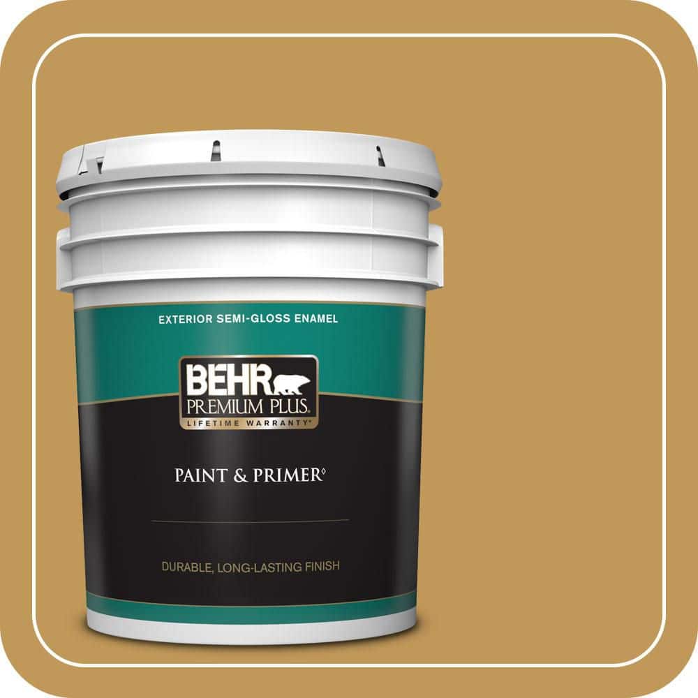 BEHR PREMIUM PLUS 5 gal. #330D-6 Townhouse Tan Semi-Gloss Enamel Exterior Paint & Primer