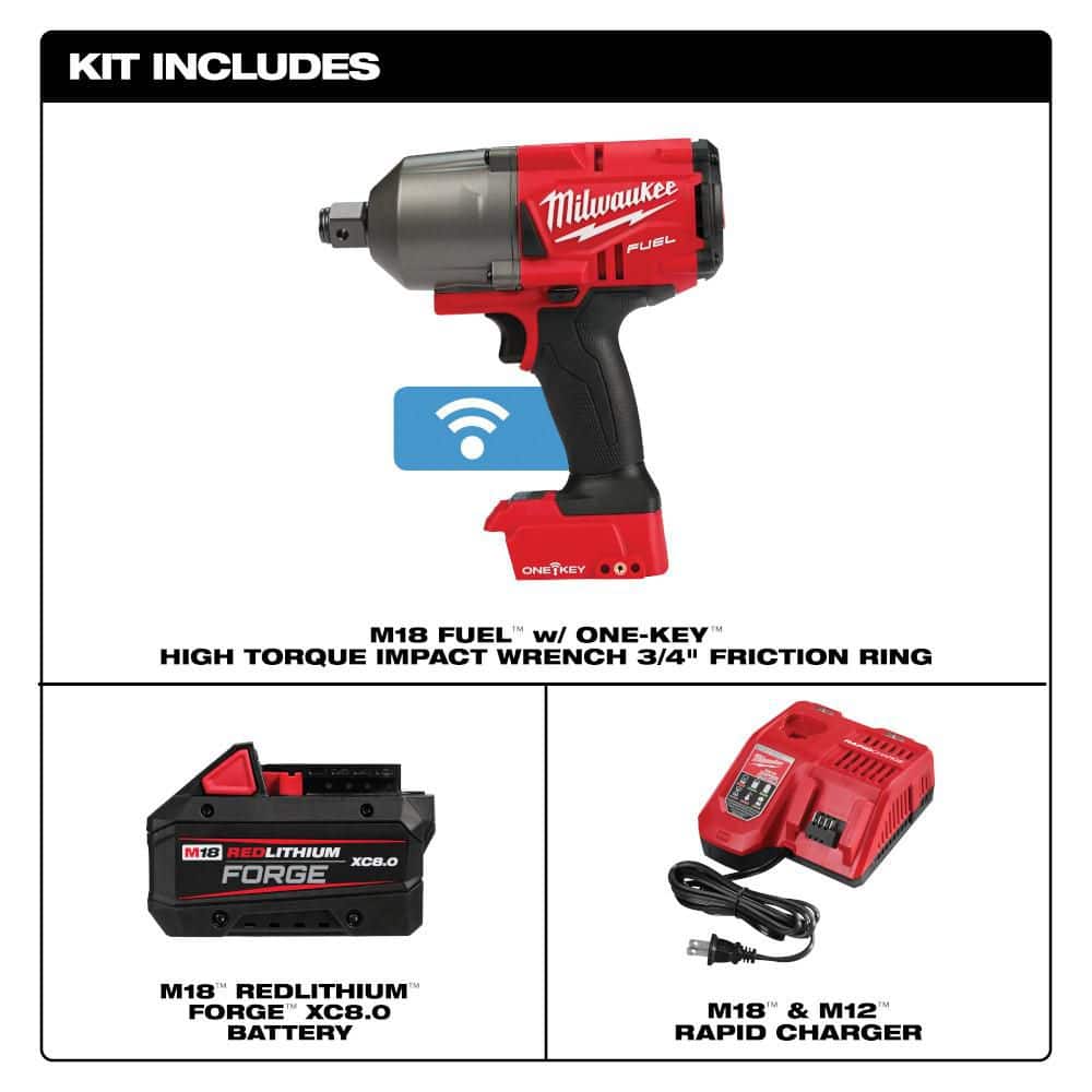 Milwaukee M18 FUEL ONE-KEY 18V Lith-Ion Brushless Cordless 3/4 in. Impact Wrench w/ Friction Ring w/ FORGE 8.0Ah Battery & Charger (2)