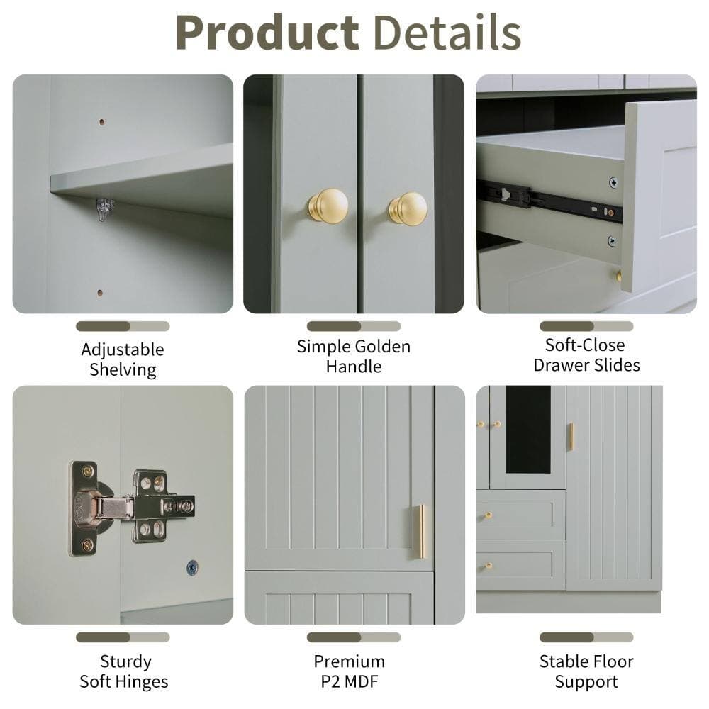 COWLOWN 53.2 in. W x 17.7 in. D x 71 in. H Green Linen Cabinet with 6 Doors, Drawers, Adjustable Shelves,Pull-out Trays (3)