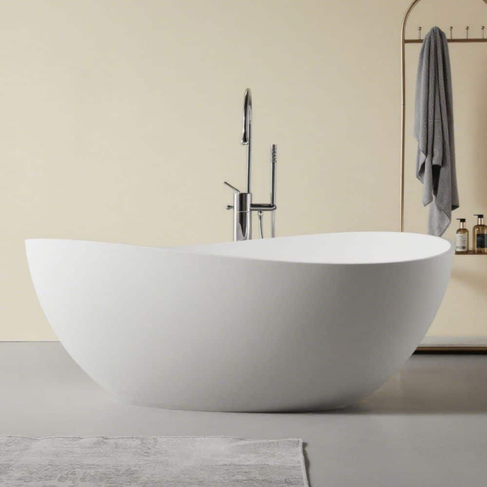WELLFOR 63 in. x 38 in. Contemporary Solid Surface Freestanding Soaking Bathtub in Matte White with Overflow and Pop-up Drain (1)