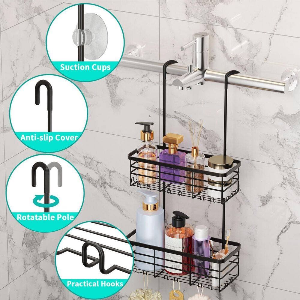 Anqtovp Over Door Mount Rustproof Stainless Steel Shower Caddy with Hooks and Suction Cups in Black, Waterproof Finish (3)