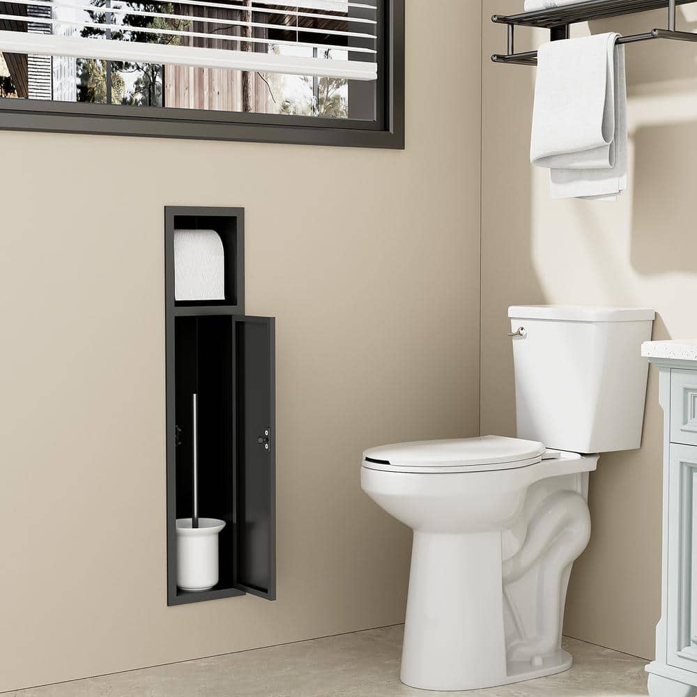 Simple Project 6 in. W x 25 in. H x 5.5 in. D Recessed Toilet Brush Holder with Cabinet, Shower Niche Toilet Paper Holder in Black