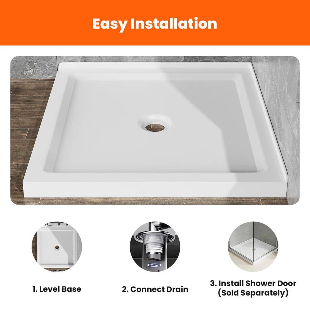 INSTER 36 in. L x 36 in. W x 3.35 in. H Acrylic Alcove Square Shower Pan Base with Center Drain in White (3)