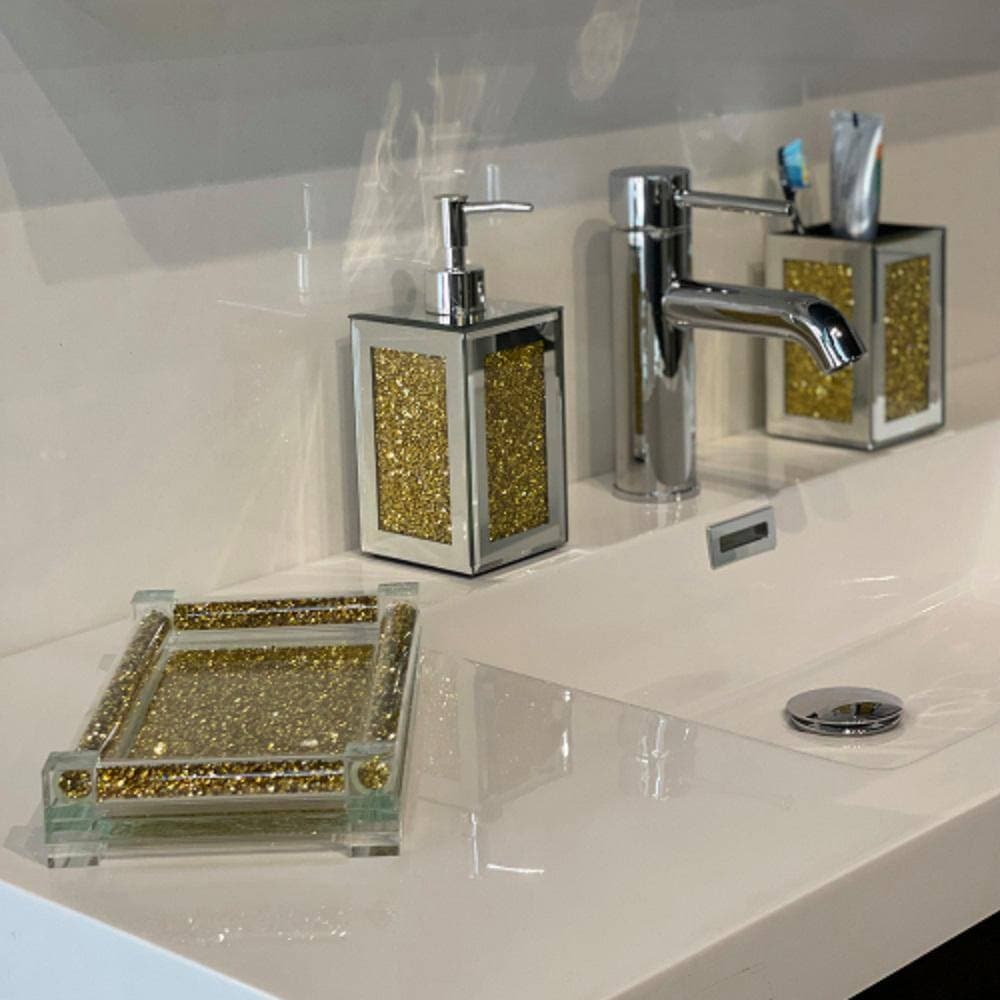 Adrinfly Countertop Square Soap Dispenser and Toothbrush Holder with Tray with Elegant Design 3-Piece in Gold (3)