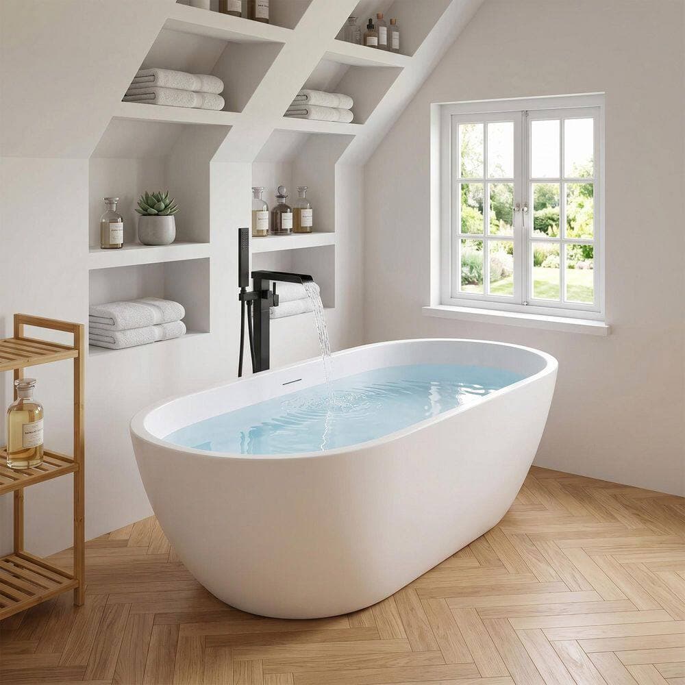 ANZZI Mone 59 in. x 29 in. Flat Bottom Freestanding Soaking Bathtub in White with 2-Handle Matte Black Freestanding Faucet (2)