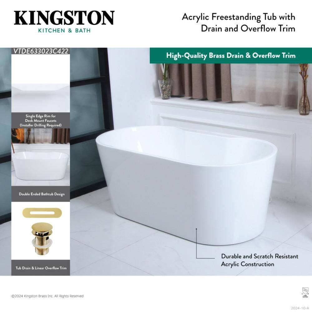 Kingston Brass Aqua Eden 63 in. x 29.5 in. Acrylic Flatbottom Freestanding Soaking Bathtub in Glossy White/Matte Black with Drain (3)