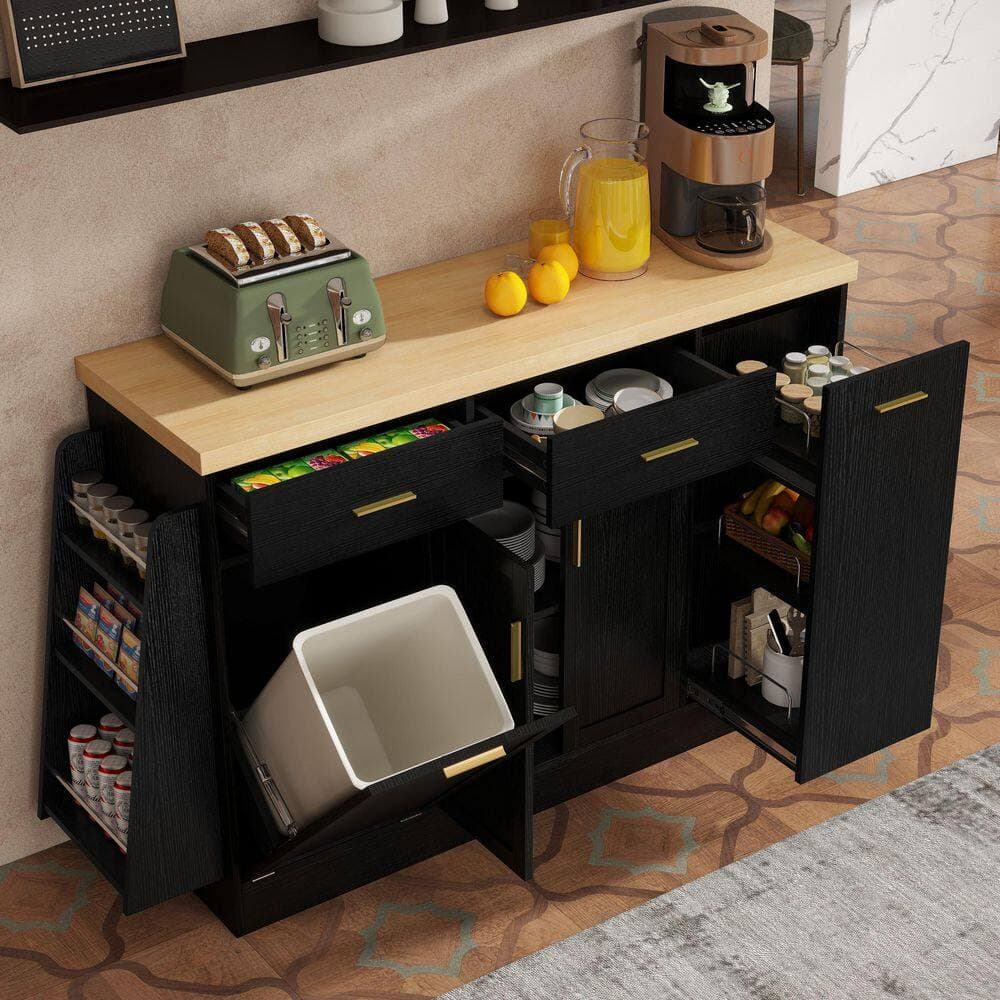 COWLOWN 58 in. W x 15.7 in. D x 34 in. H Black Multi-Functional Linen Cabinet Sideboard with 3-Tier Spice Rack (3)