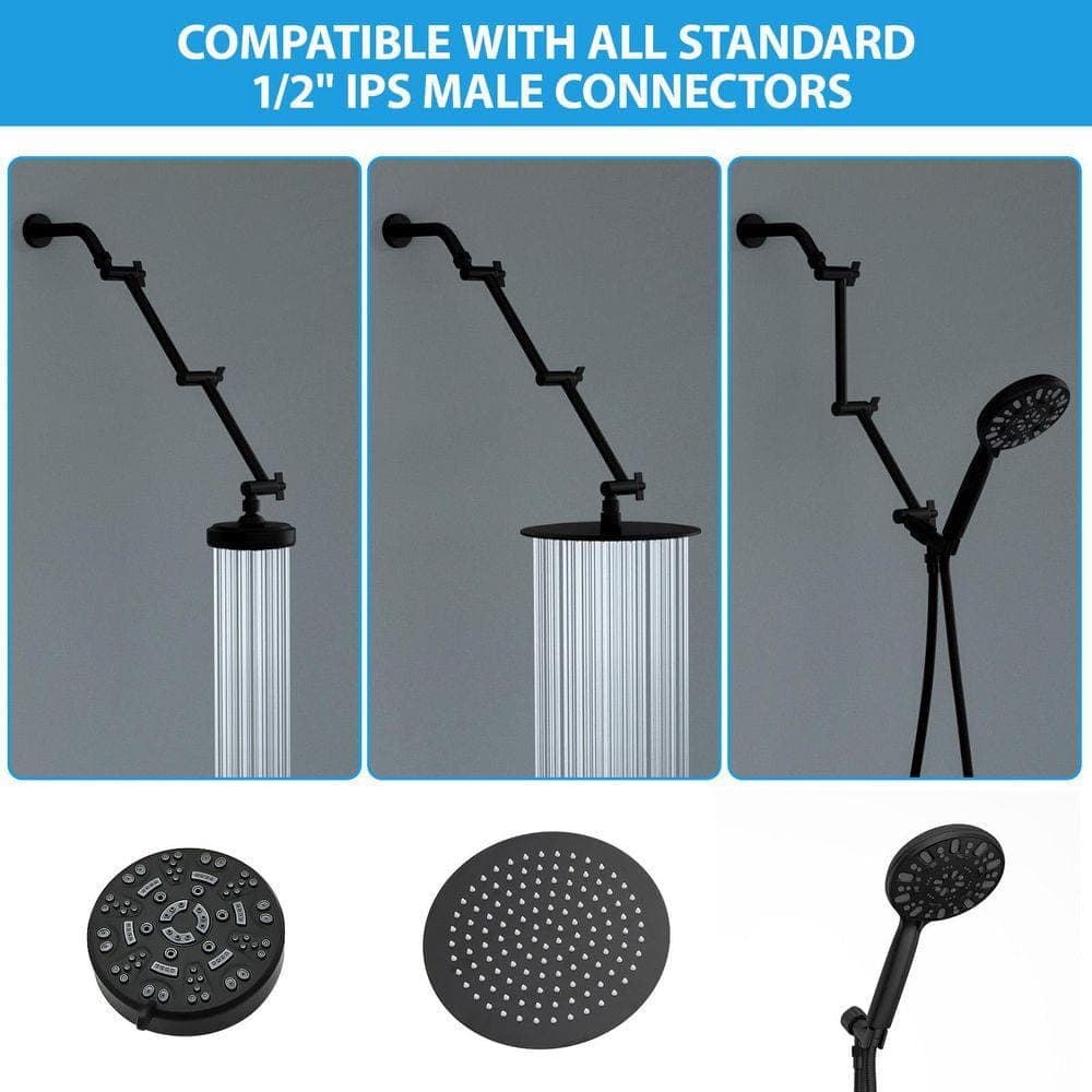LORDEAR 12 in. Adjustable Shower Arm Shower Head Extension in Matte Black (3)
