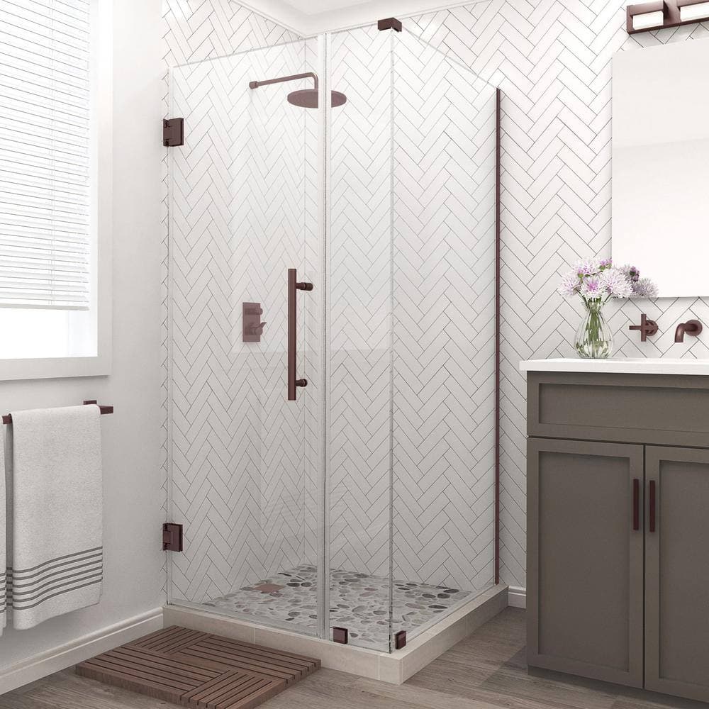 Aston Bromley 32.25 in. to 33.25 in. x 34.375 in. x 72 in. Frameless Corner Hinged Shower Door in Bronze (3)