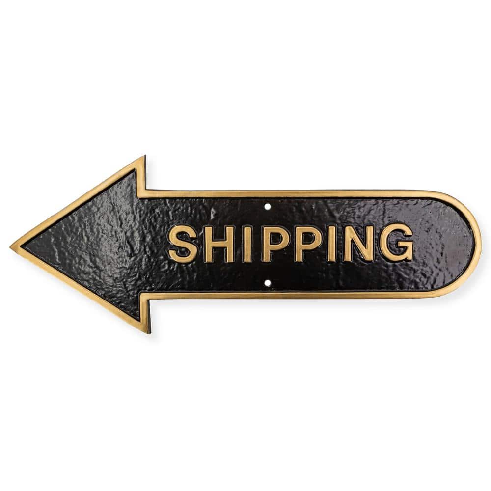 Montague Metal Products 6 in. x 15.5 in. Left Arrow Shipping Statement Plaque Sign-Black/Gold (1)