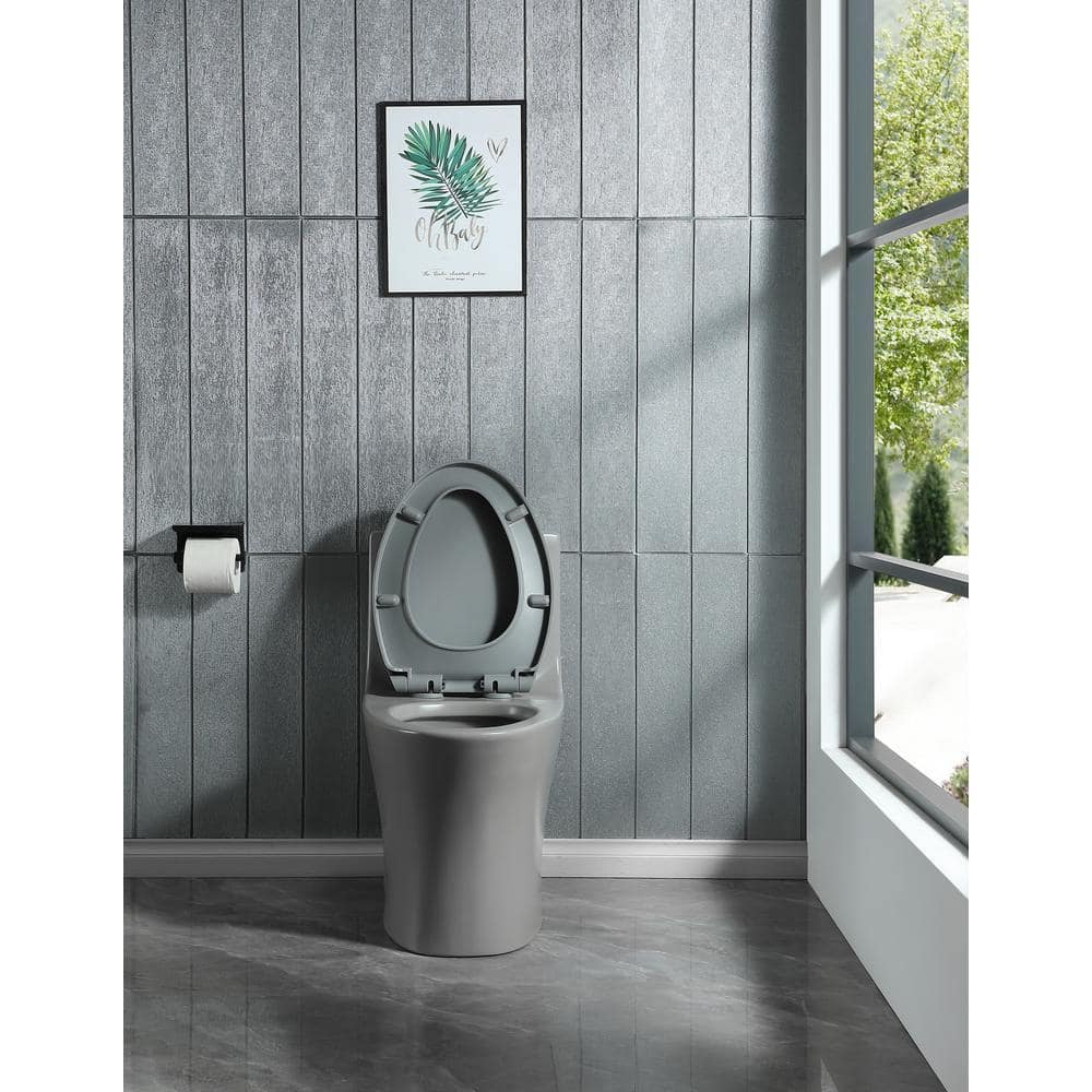 EAKYHOM 12 in. One-Piece 1.1/1.6 GPF Dual Flush Elongated Toilet in Light Gray, Slow-Close Seat Included (2)