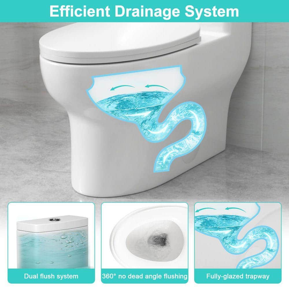 Sarlai 12 in. Rough-In 1-piece 1.6/1.1 GPF Dual Flush Elongated Toilet in White Slow Close Seat Included (3)