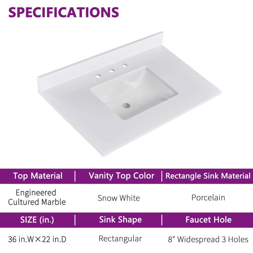 YASINU Malus 36 in. W. 22 in. D Engineered Stone Composite White Rectangular Single Sinks Bathroom Vanity Top (4)