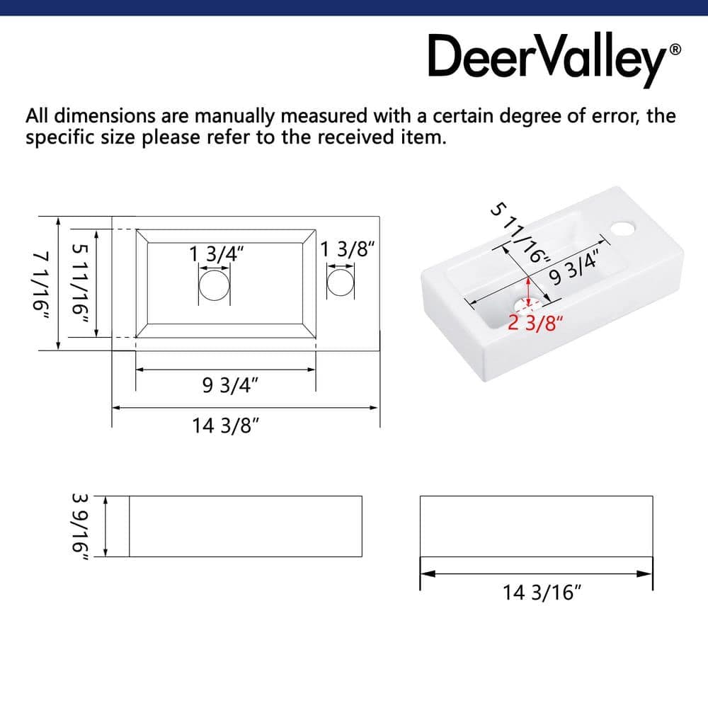 DEERVALLEY Liberty 14.6 in. x 7 in. Rectangular Wall Mounted Bathroom Sink in White Ceramic with Right Side Single Faucet Hole (3)