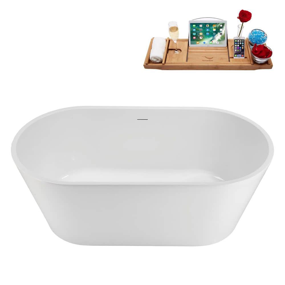 Streamline 59 in. x 31 in. Acrylic Freestanding Soaking Bathtub in Glossy White with Brushed Gold Drain (2)